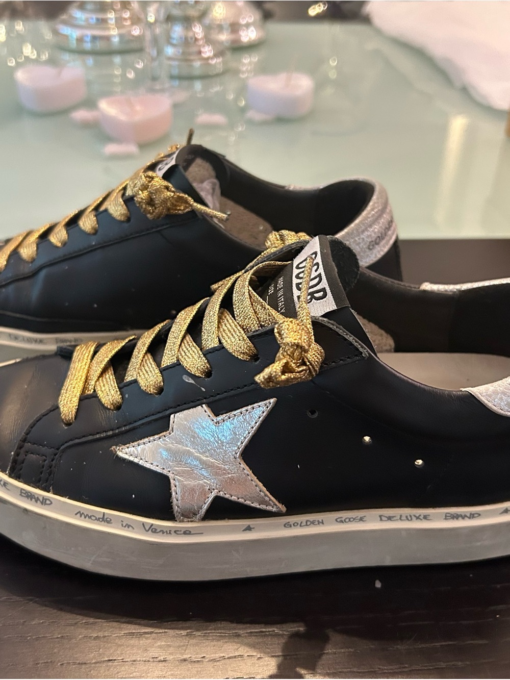 Golden Goose Black Leather Sneakers with Silver Star & gold laces - Picture 2 of 16